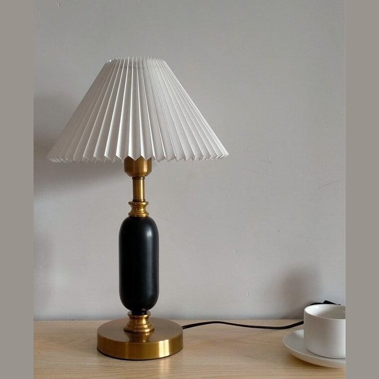French Vintage Pleated Shade Table Lamp with Brass Base for Bedroom