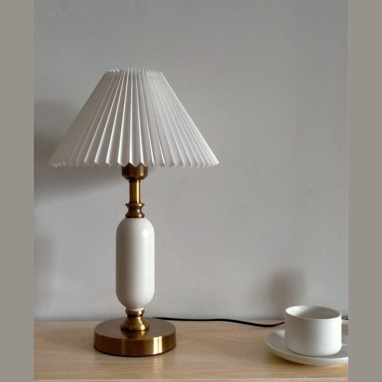 French Vintage Pleated Shade Table Lamp with Brass Base for Bedroom