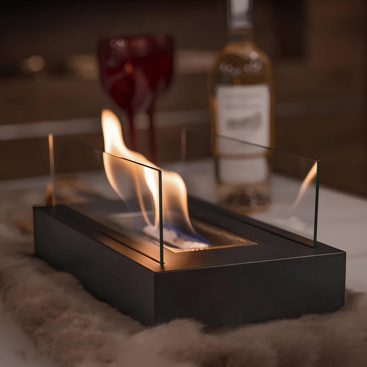 Portable Bioethanol Table Fireplace Tempered Glass and Steel Tabletop Fire Smokeless for Indoor and Outdoor Use
