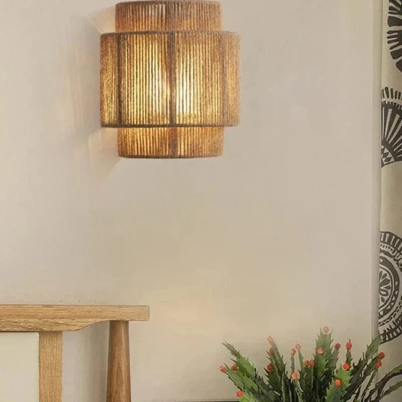 Handwoven Rattan Wall Light with Layered Hemp Rope Shade for Bedroom