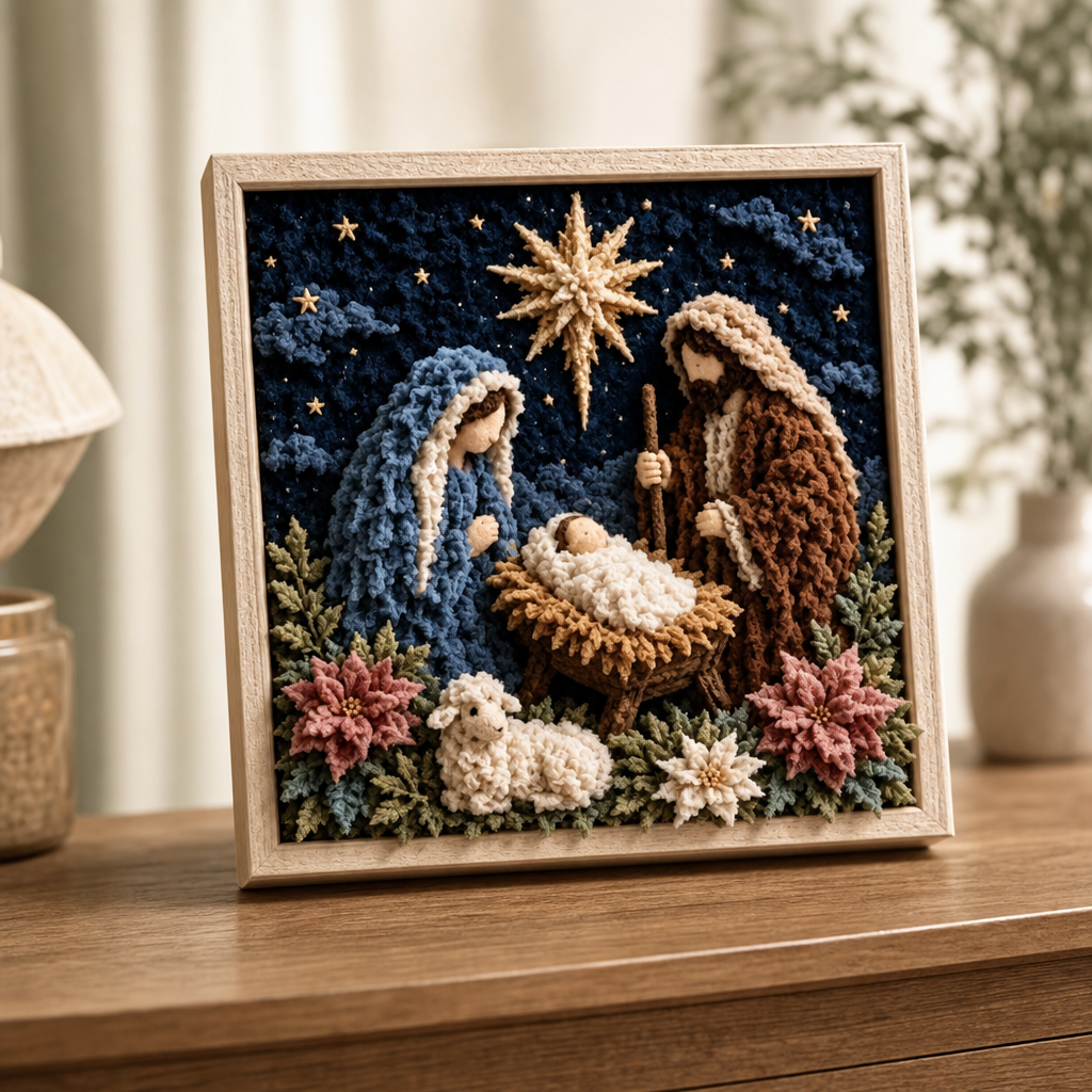 Fabric Tuck Art Kit Pre Punched Board with Wooden Tool No Sew Textured Craft Kit Nativity | Cross and Shepherd Designs Religious Wall Art