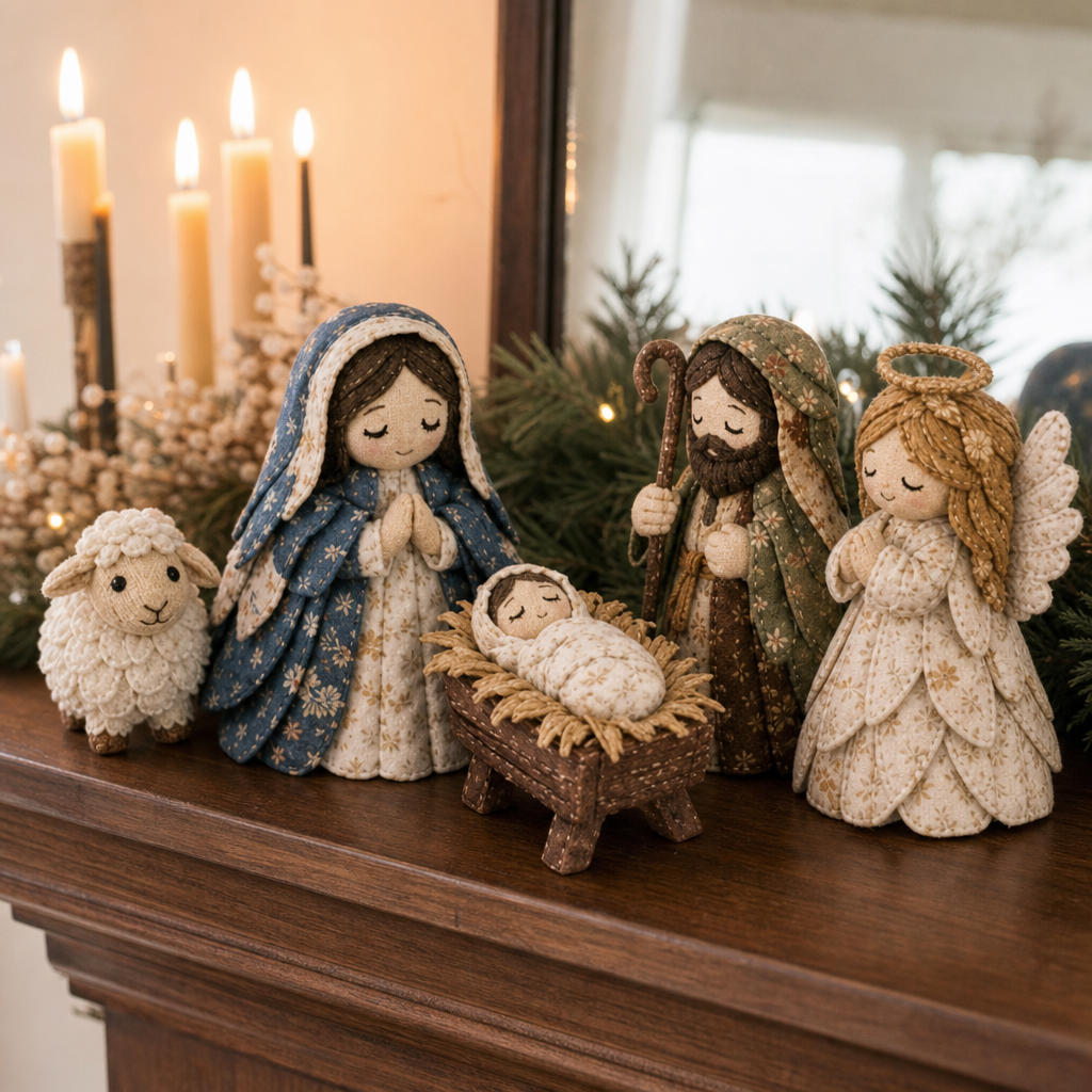 Patchwork Fabric Nativity Sewing Kit Hand Stitched Christmas Nativity Scene Craft Kit with Pre Cut Fabric Pieces and Pattern for Mantel Decoration