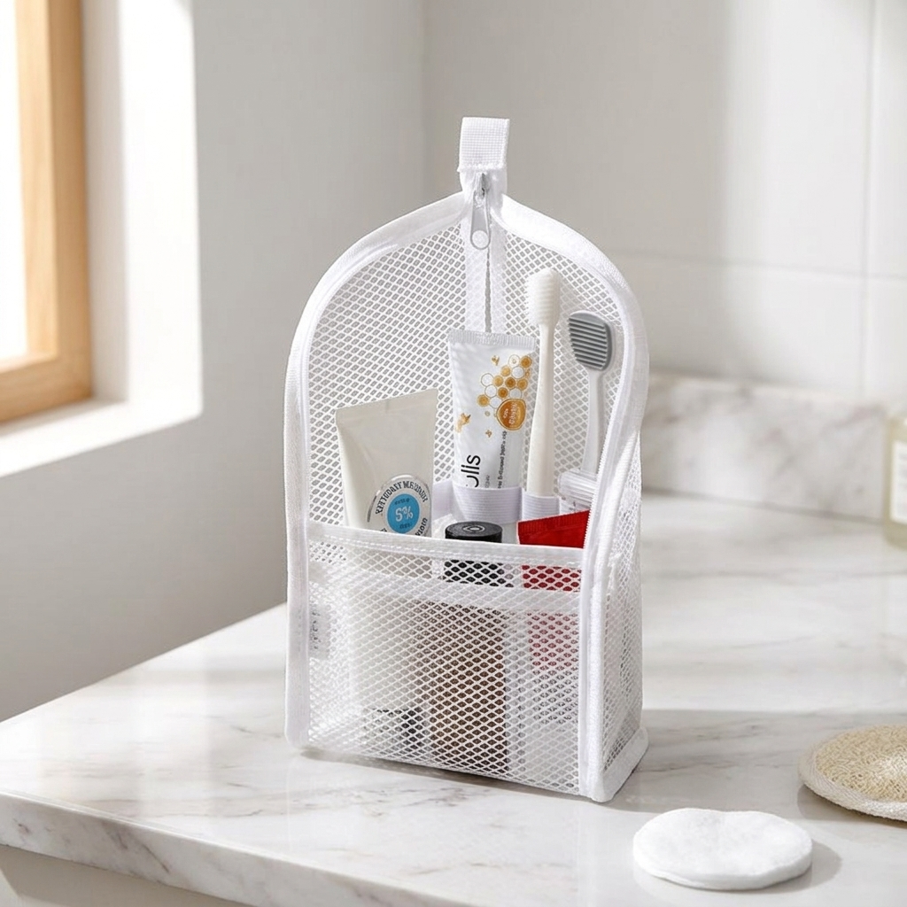 Self Standing Toiletry Bag Water Resistant Mesh Travel Wash Bag with Elastic Holders and Front Pocket Upright Toothbrush Pouch for Travel