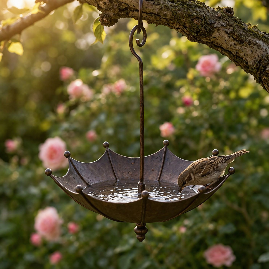 Hanging Umbrella Bird Feeder and Bird Bath Antique Bronze Effect Metal Garden Bird Feeder with Hook and Decorative Bird Ornament for Trees | Patio