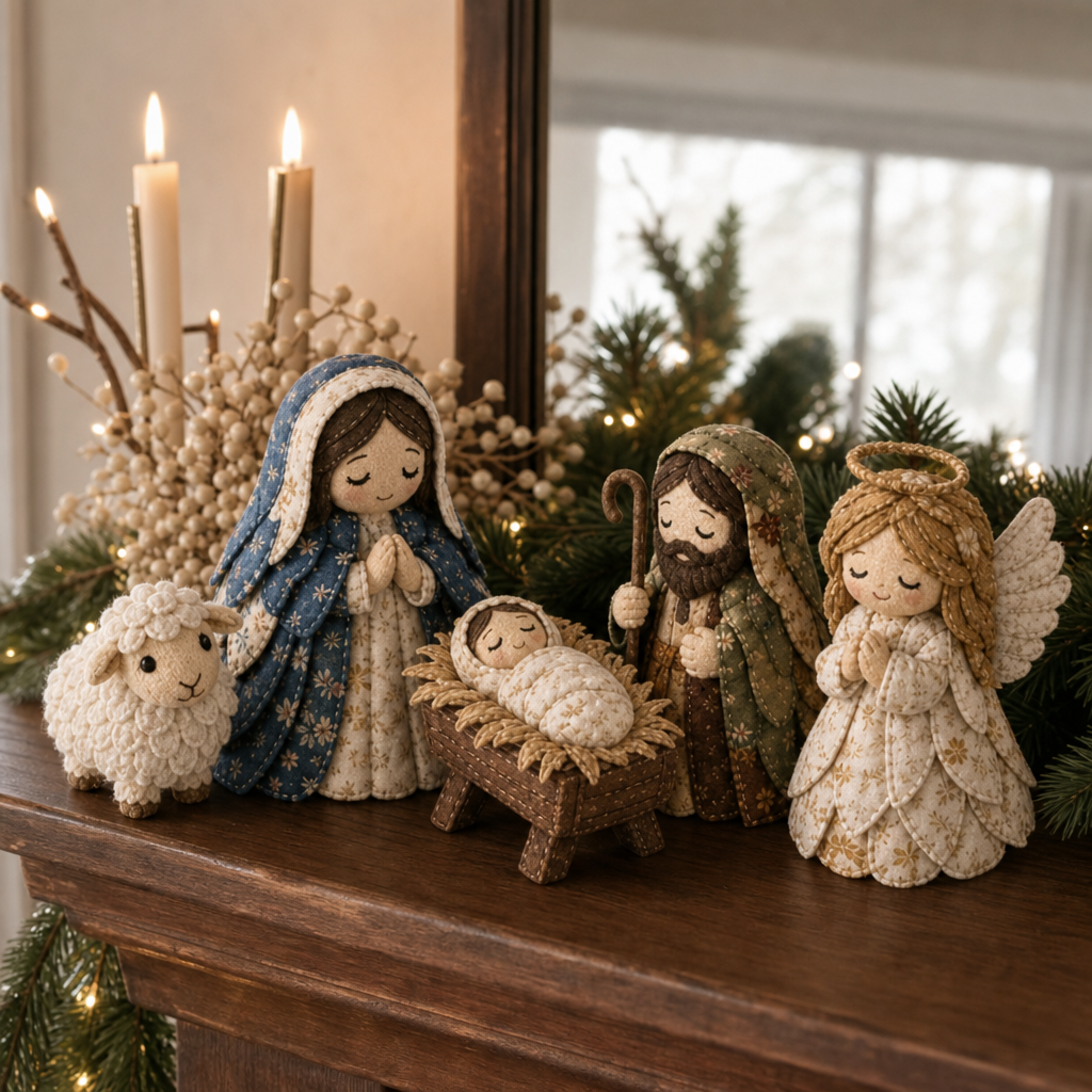 Patchwork Fabric Nativity Sewing Kit Hand Stitched Christmas Nativity Scene Craft Kit with Pre Cut Fabric Pieces and Pattern for Mantel Decoration