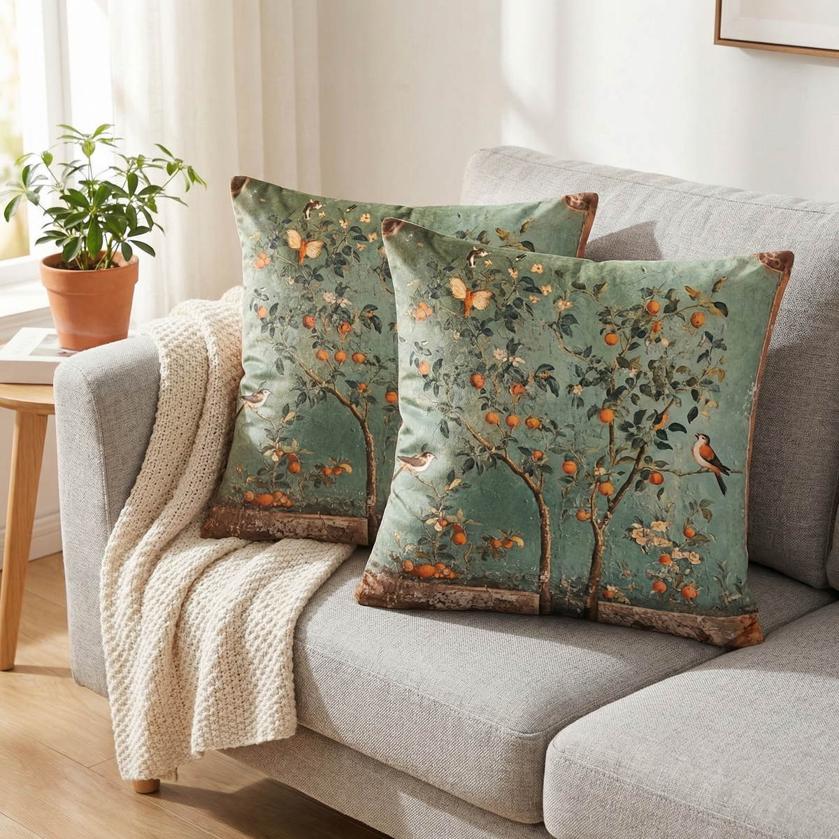 Vintage Botanical Cushion Covers Set of Two Heavyweight Polyester Throw Pillow Covers with Hidden Zip Garden Print for Sofa and Bed