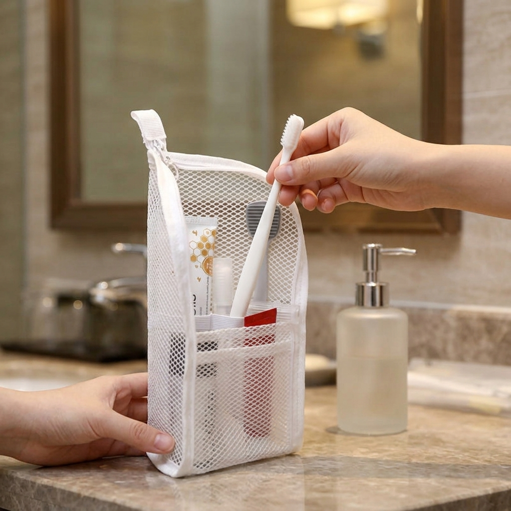 Self Standing Toiletry Bag Water Resistant Mesh Travel Wash Bag with Elastic Holders and Front Pocket Upright Toothbrush Pouch for Travel