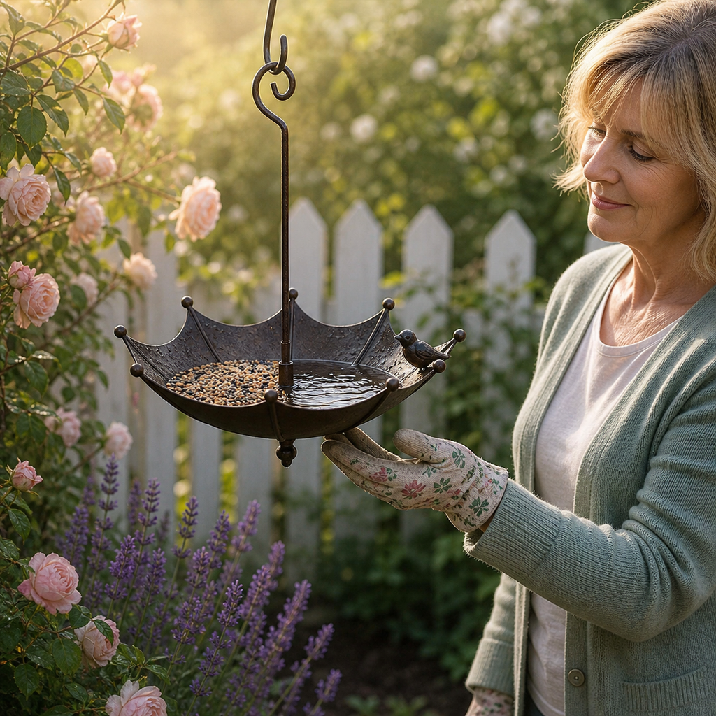 Hanging Umbrella Bird Feeder and Bird Bath Antique Bronze Effect Metal Garden Bird Feeder with Hook and Decorative Bird Ornament for Trees | Patio