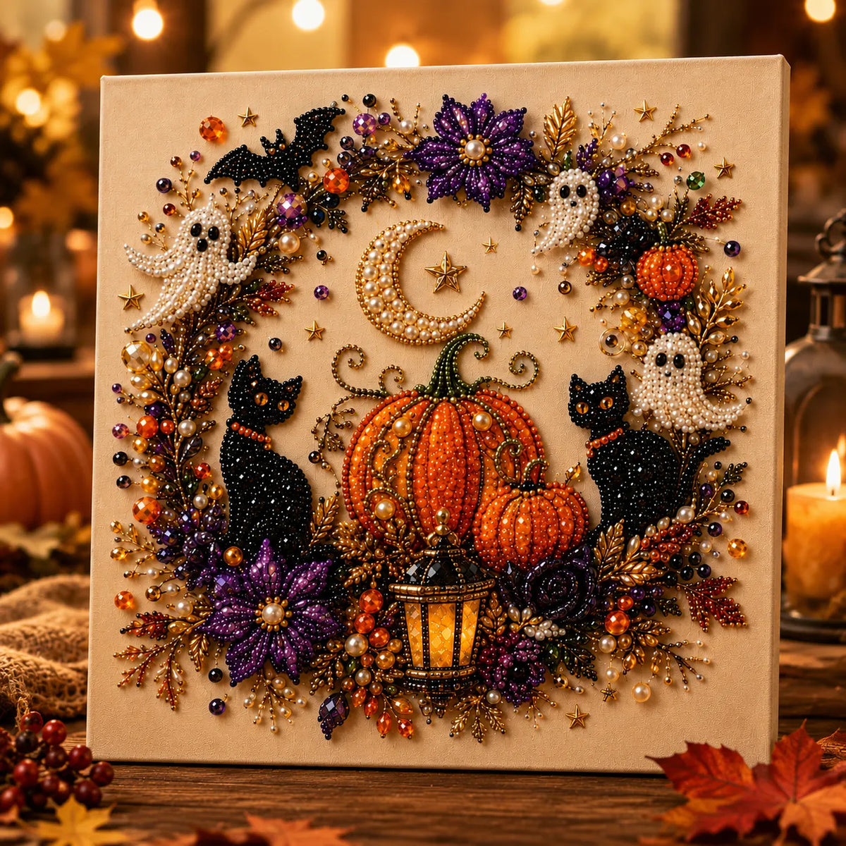 Halloween Bead Art Kit Pearl Bead Canvas Craft Kit with Numbered Self Adhesive Canvas Pumpkin | Ghost and Witch Designs DIY Wall Art