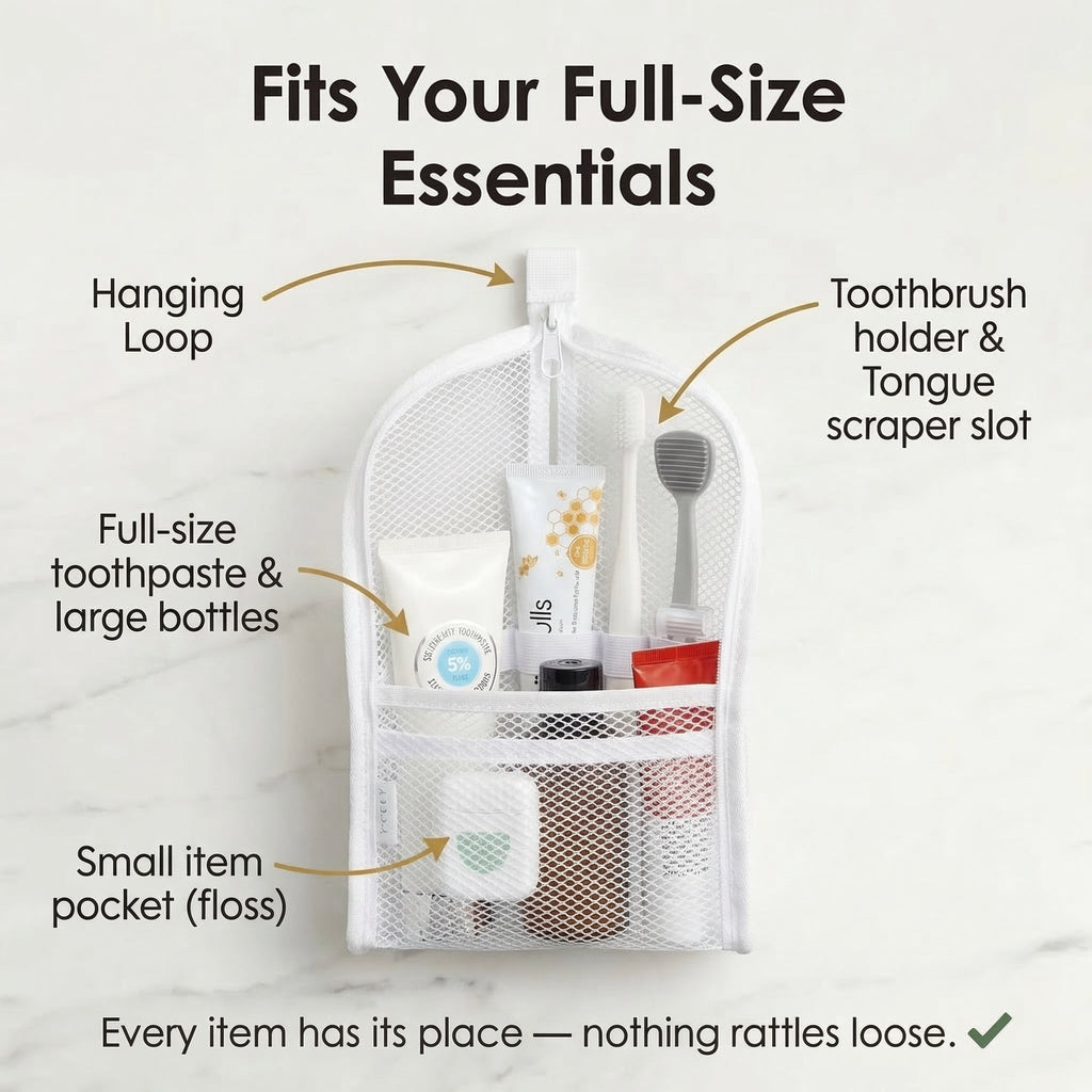 Self Standing Toiletry Bag Water Resistant Mesh Travel Wash Bag with Elastic Holders and Front Pocket Upright Toothbrush Pouch for Travel