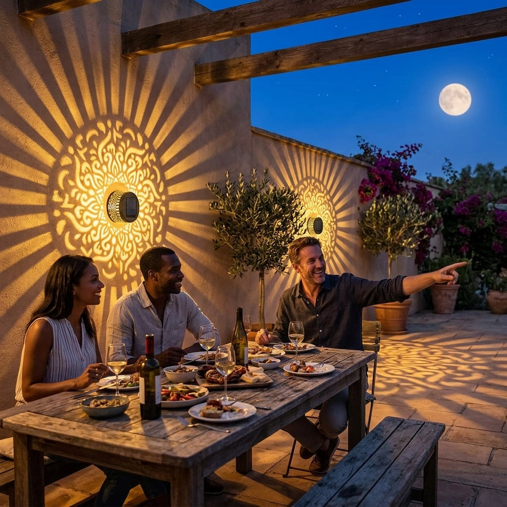 Solar Mandala Projector Light Outdoor Weatherproof Iron Lantern with Cut Out Pattern Dusk to Dawn Garden Wall and Patio Light