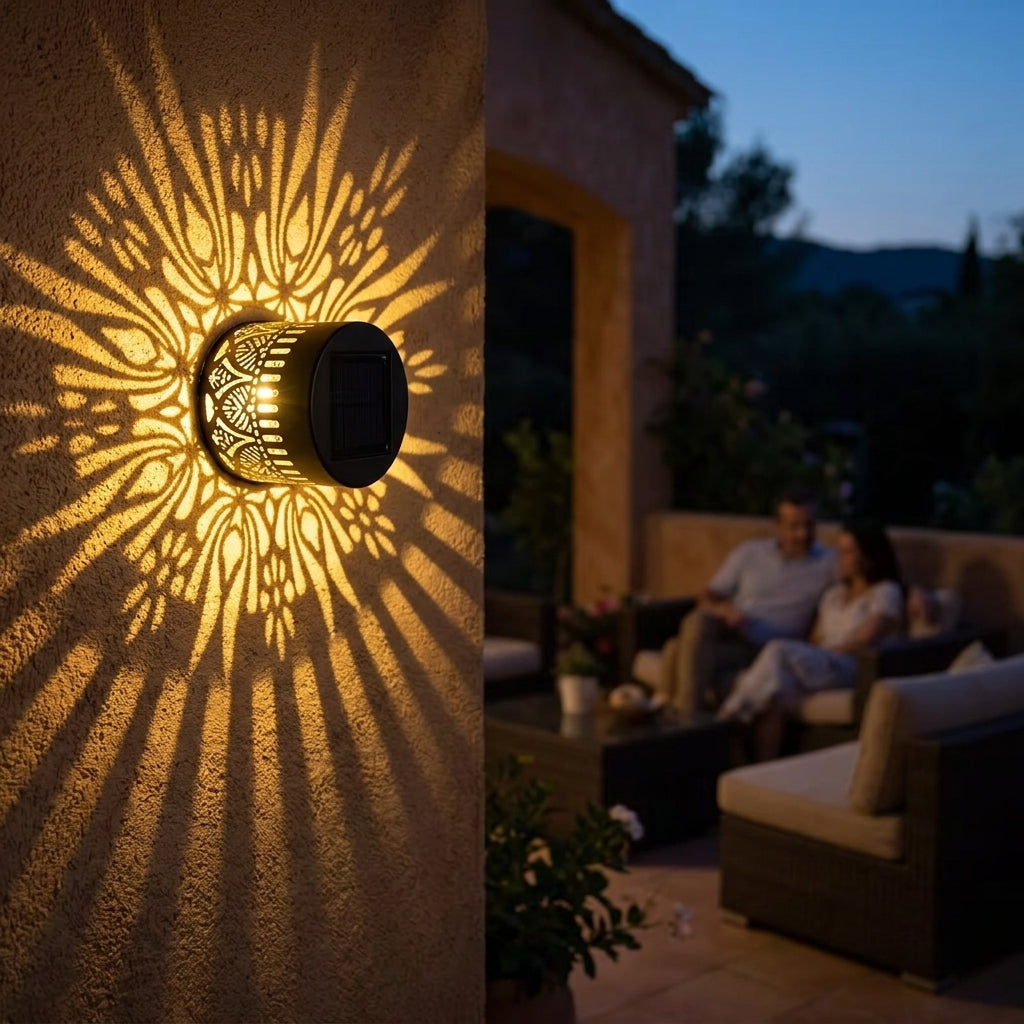 Solar Mandala Projector Light Outdoor Weatherproof Iron Lantern with Cut Out Pattern Dusk to Dawn Garden Wall and Patio Light