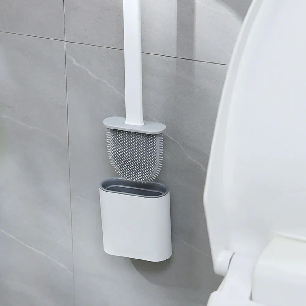 Silicone Toilet Brush Set with Quick Drying Holder Flexible Flat Head Toilet Cleaning Brush Freestanding or Wall Mounted for Bathroom and Toilet