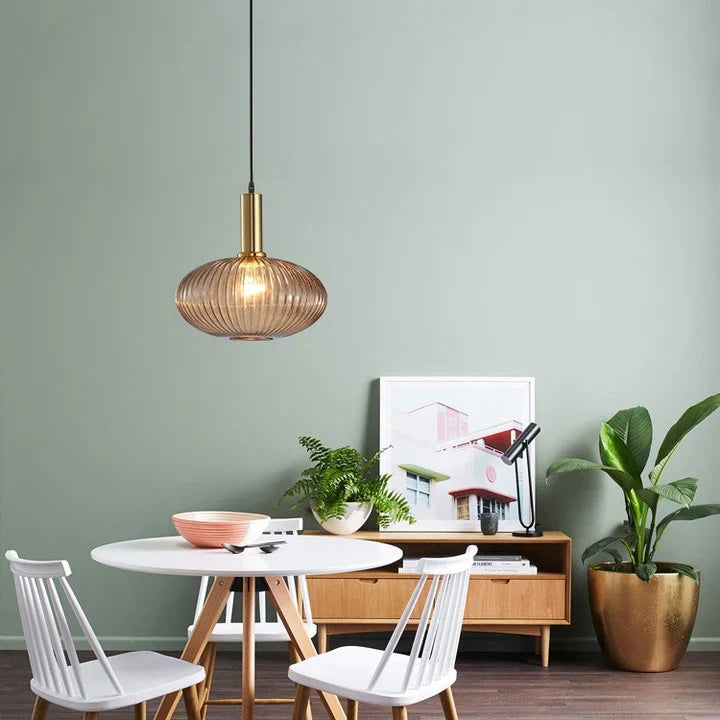 Ribbed Glass Pendant Lights With Metal Tube Fitting