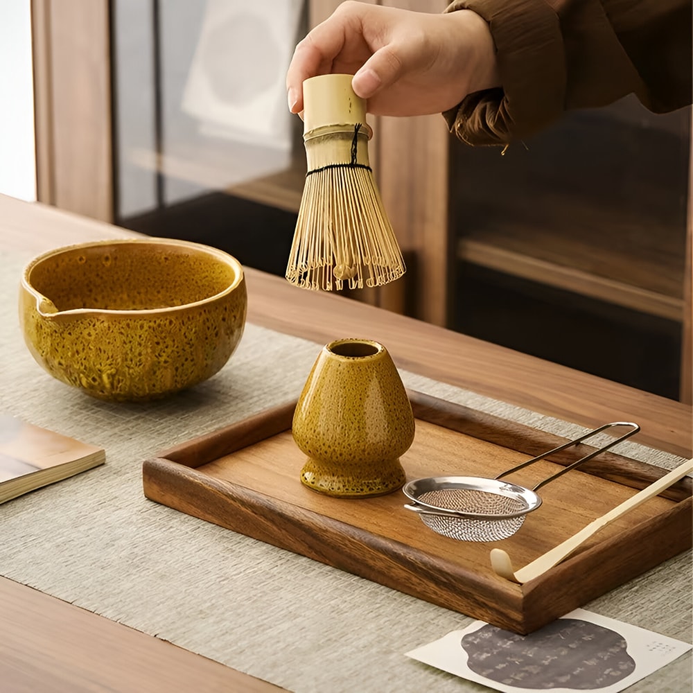 Japanese Matcha Tea Set with Handmade Ceramic Bowl and Bamboo Whisk