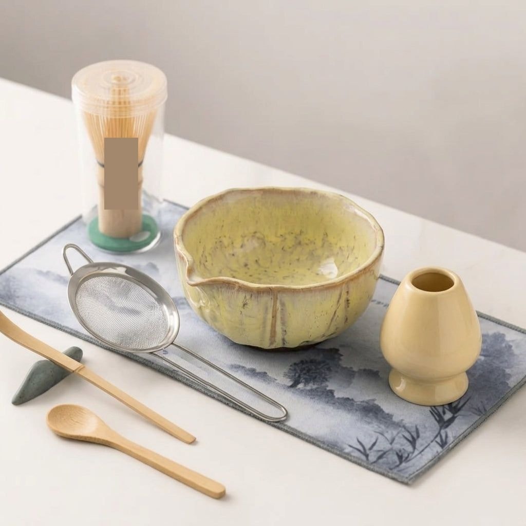 Japanese Matcha Tea Set with Petal Ceramic Bowl and Bamboo Accessories