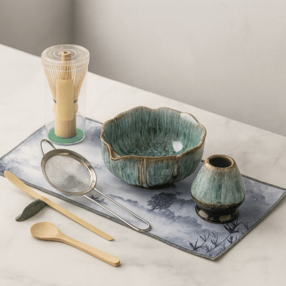 Japanese Matcha Tea Set with Petal Ceramic Bowl and Bamboo Accessories