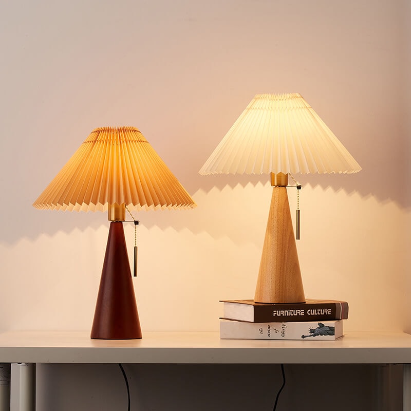 Japanese Vintage Pleated Fabric Table Lamp with Wooden Cone Base for Bedroom