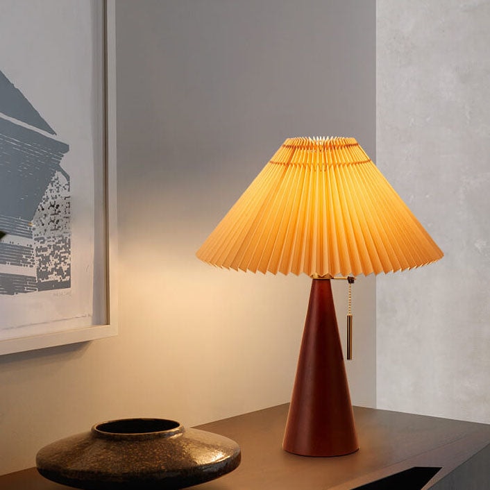 Japanese Vintage Pleated Fabric Table Lamp with Wooden Cone Base for Bedroom