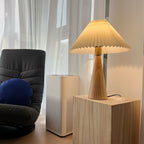 Japanese Vintage Pleated Fabric Table Lamp with Wooden Cone Base for Bedroom