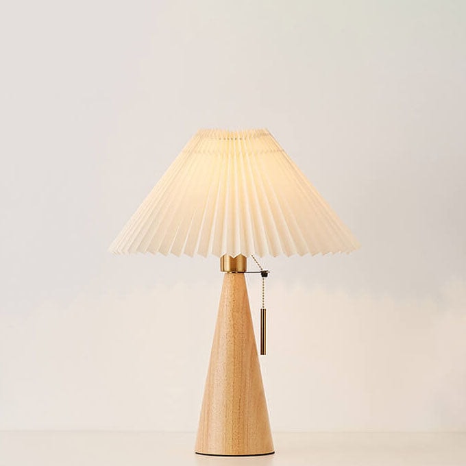Japanese Vintage Pleated Fabric Table Lamp with Wooden Cone Base for Bedroom