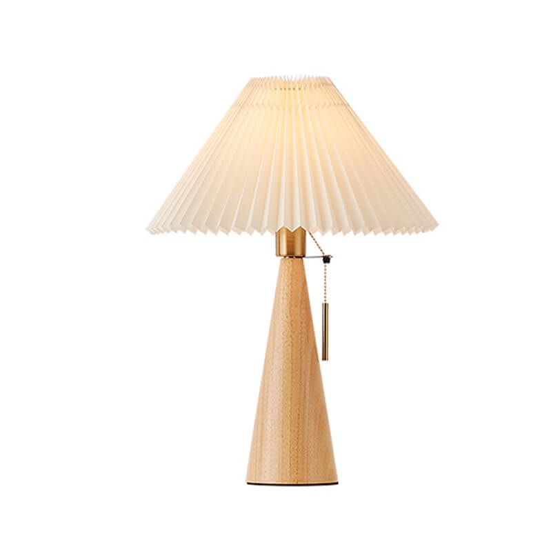Japanese Vintage Pleated Fabric Table Lamp with Wooden Cone Base for Bedroom