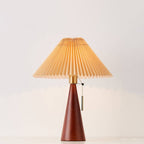 Japanese Vintage Pleated Fabric Table Lamp with Wooden Cone Base for Bedroom