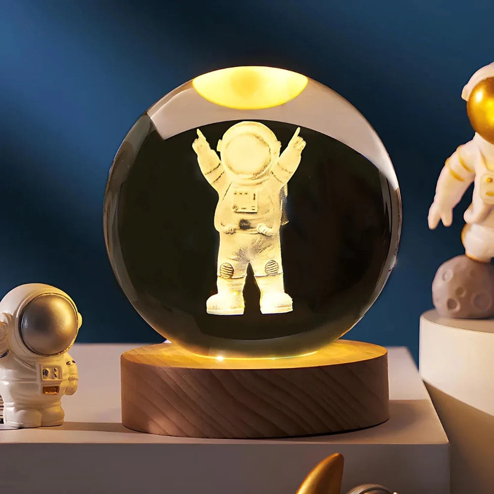 Laser Engraved Crystal Ball Night Light with Wooden Base and Warm Glow