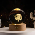 Laser Engraved Crystal Ball Night Light with Wooden Base and Warm Glow
