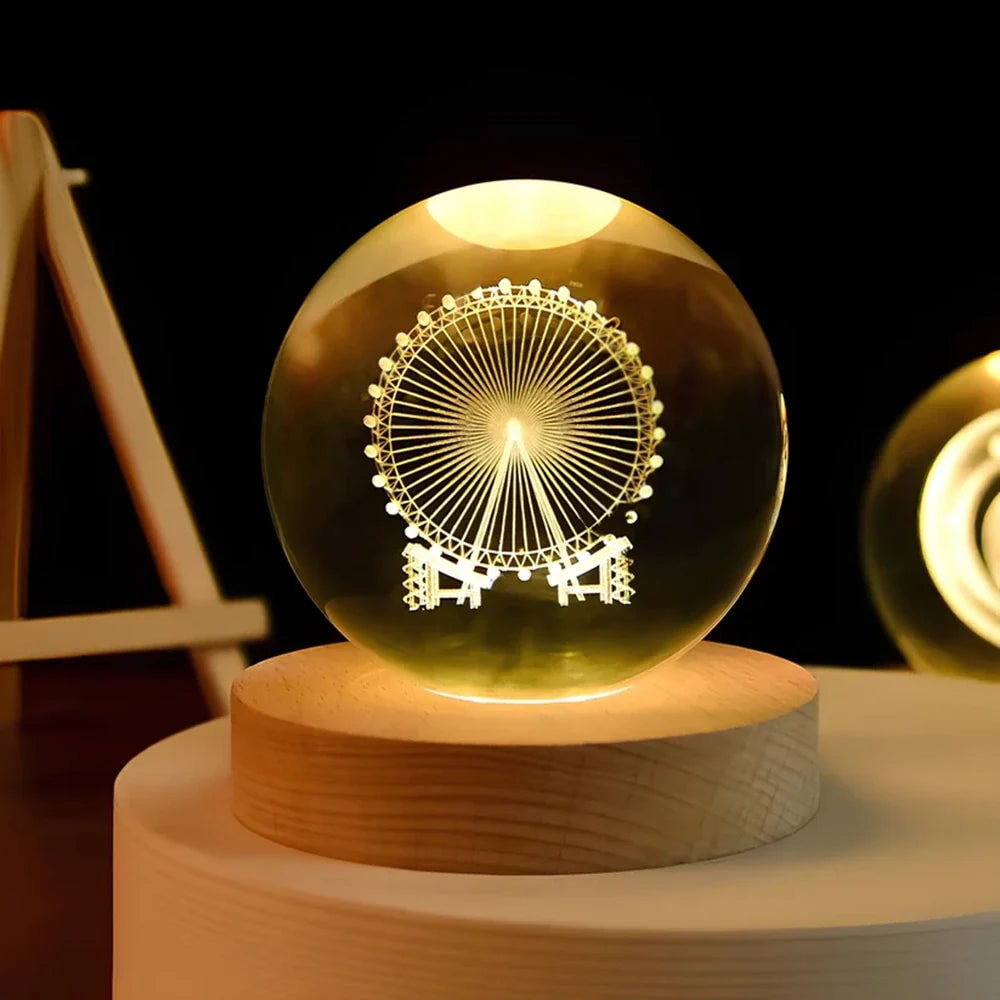 Laser Engraved Crystal Ball Night Light with Wooden Base and Warm Glow