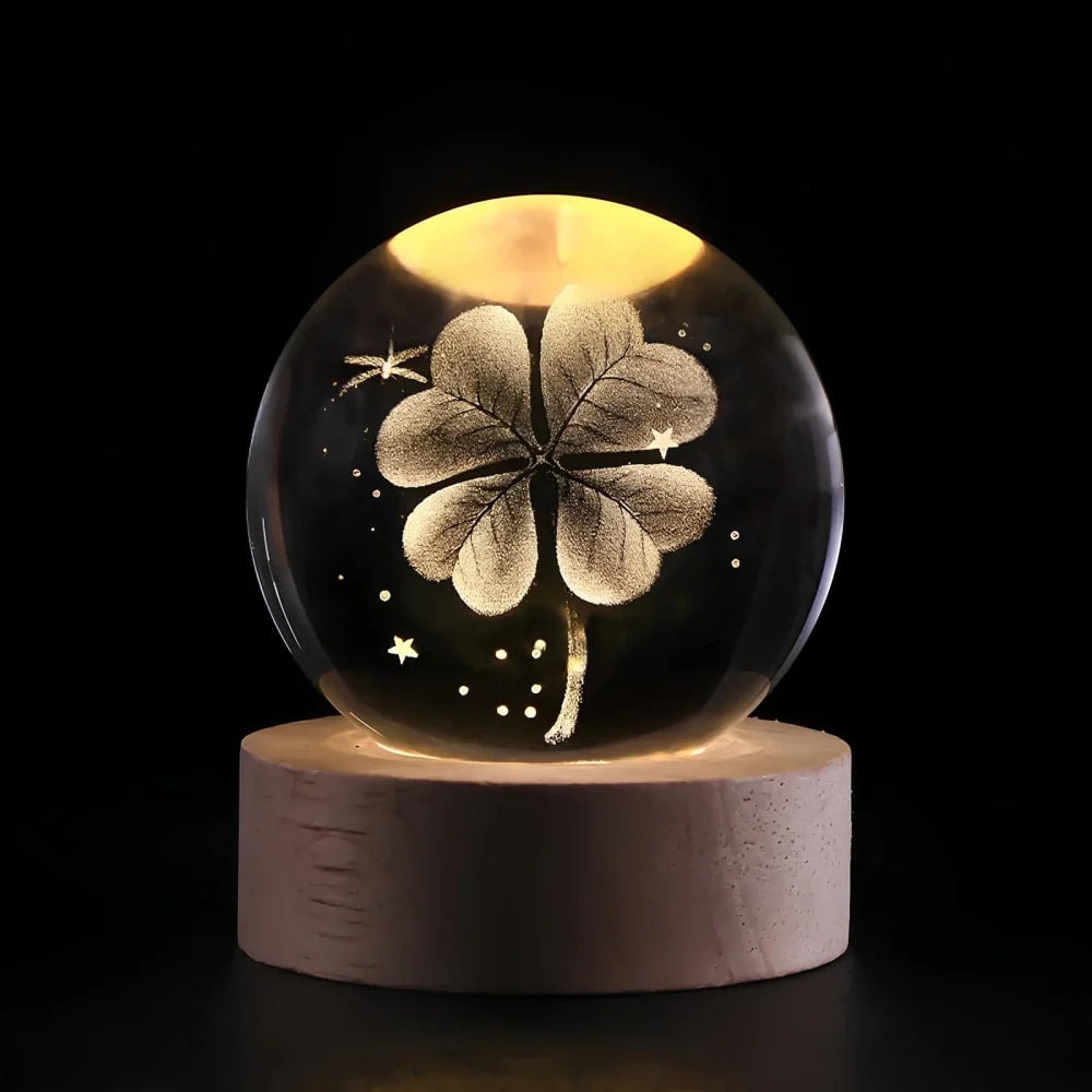 Laser Engraved Crystal Ball Night Light with Wooden Base and Warm Glow