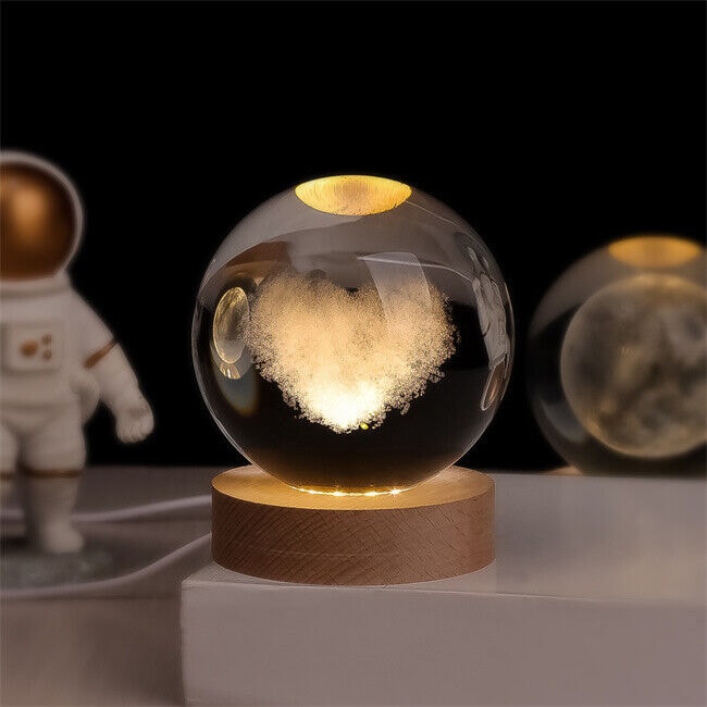 Laser Engraved Crystal Ball Night Light with Wooden Base and Warm Glow