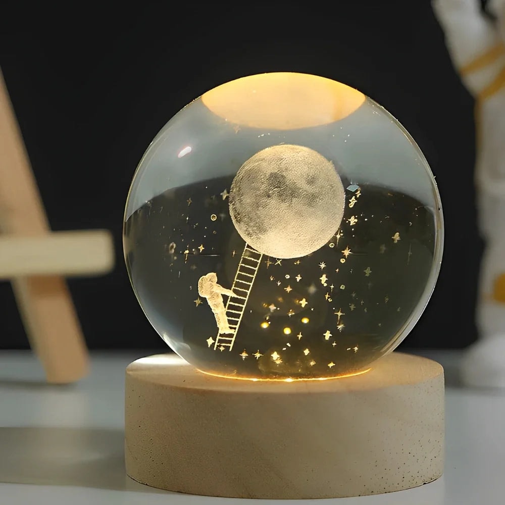 Laser Engraved Crystal Ball Night Light with Wooden Base and Warm Glow