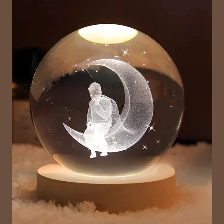 Laser Engraved Crystal Ball Night Light with Wooden Base and Warm Glow