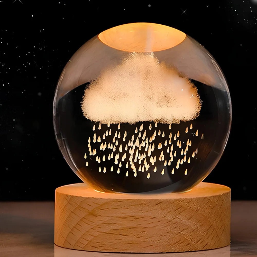 Laser Engraved Crystal Ball Night Light with Wooden Base and Warm Glow