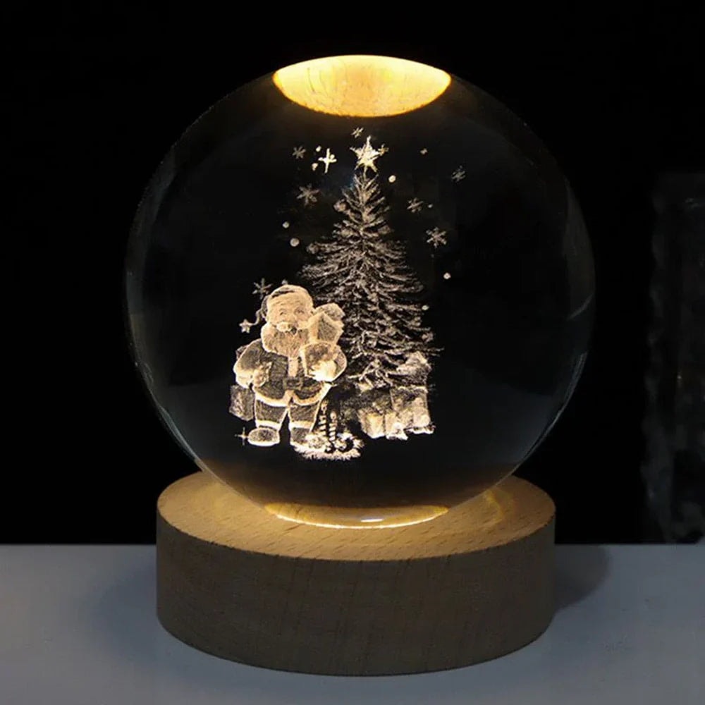 Laser Engraved Crystal Ball Night Light with Wooden Base and Warm Glow