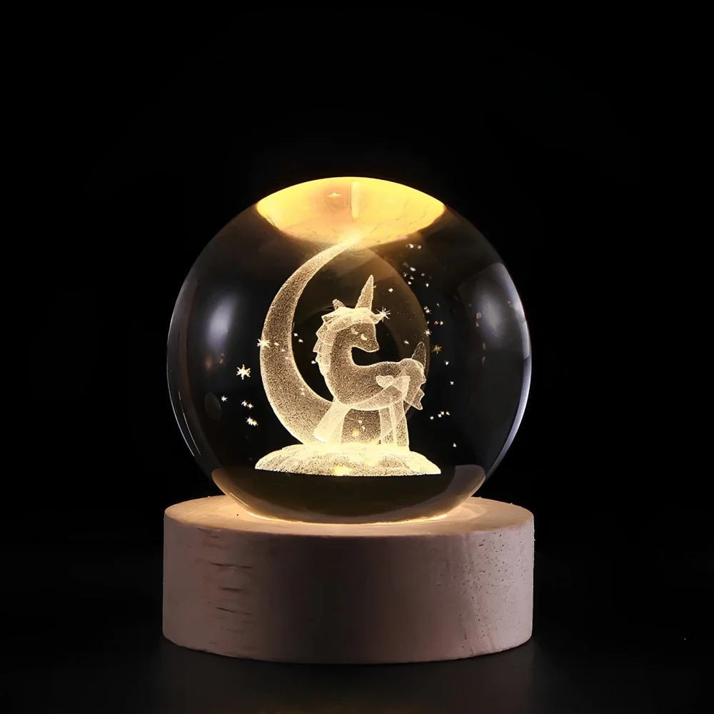 Laser Engraved Crystal Ball Night Light with Wooden Base and Warm Glow