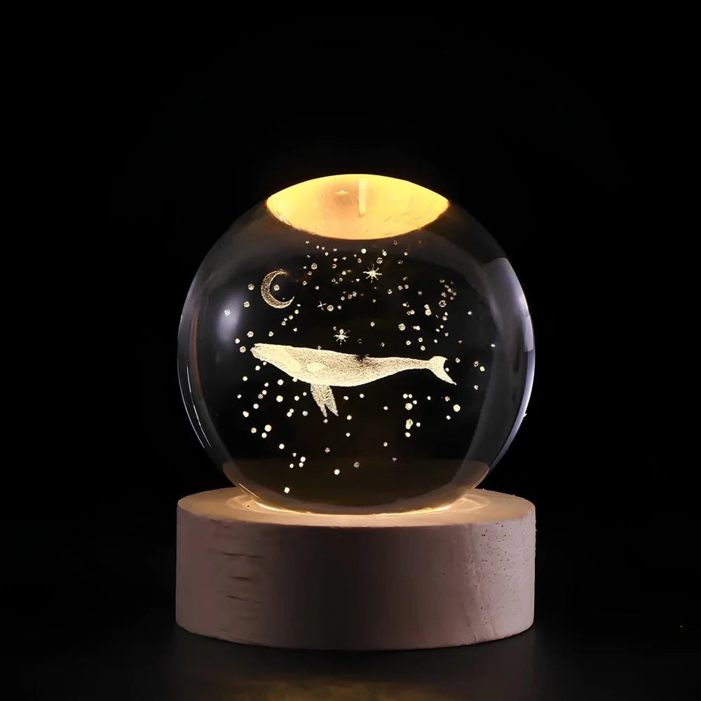 Laser Engraved Crystal Ball Night Light with Wooden Base and Warm Glow