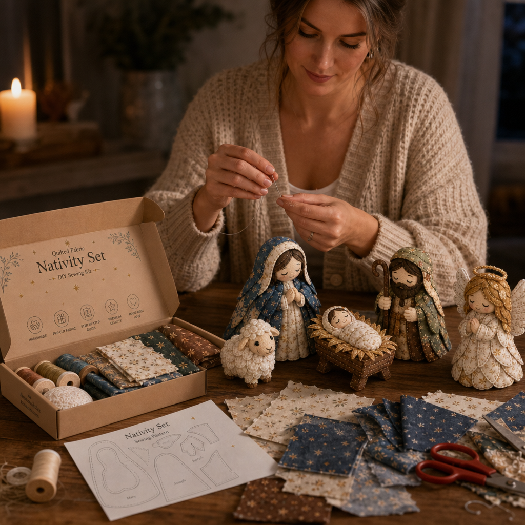 Patchwork Fabric Nativity Sewing Kit Hand Stitched Christmas Nativity Scene Craft Kit with Pre Cut Fabric Pieces and Pattern for Mantel Decoration