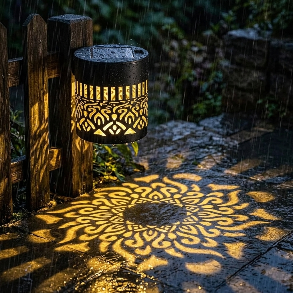 Solar Mandala Projector Light Outdoor Weatherproof Iron Lantern with Cut Out Pattern Dusk to Dawn Garden Wall and Patio Light