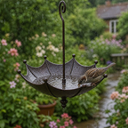 Hanging Umbrella Bird Feeder and Bird Bath Antique Bronze Effect Metal Garden Bird Feeder with Hook and Decorative Bird Ornament for Trees | Patio