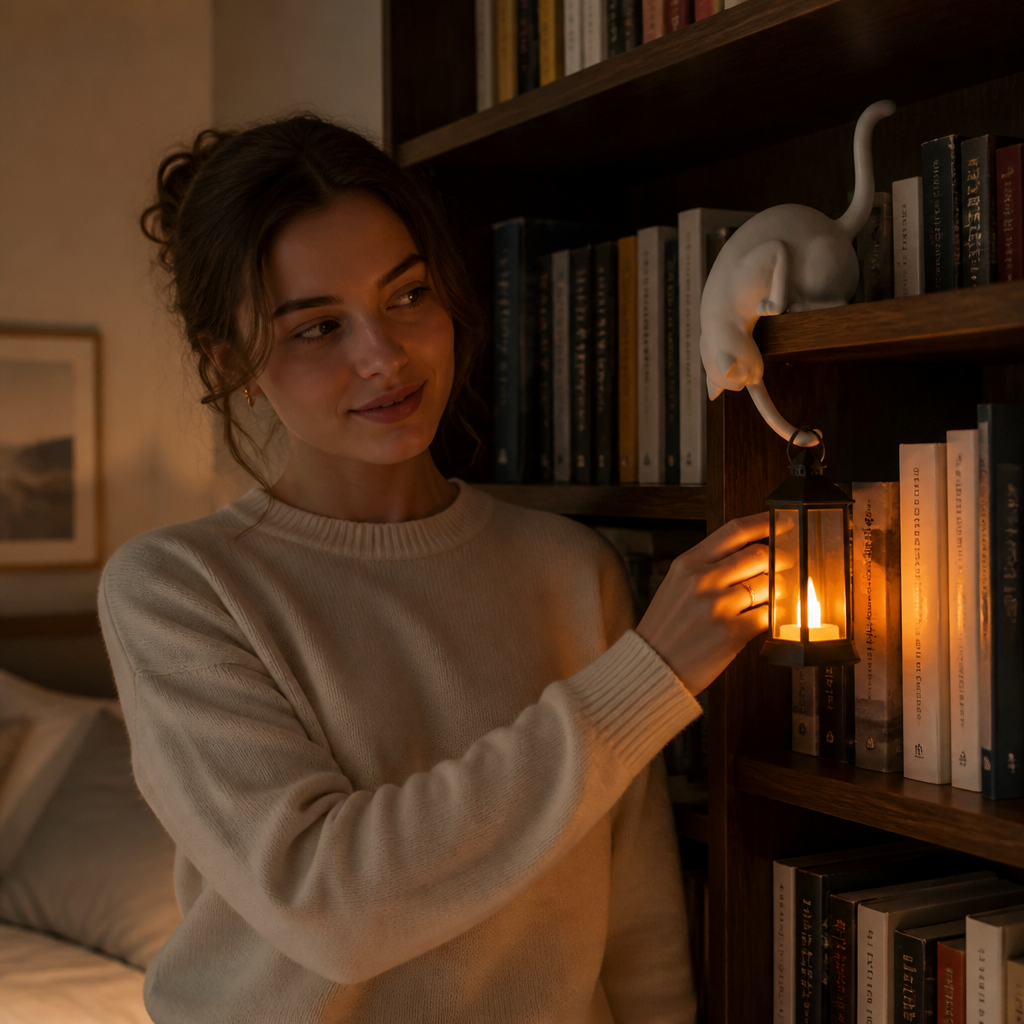 Cat Shelf Sitter Figurine with Hanging LED Lantern Battery Operated Bookshelf Decor Night Light Sculpture for Shelf Edges | Bedroom and Living Room