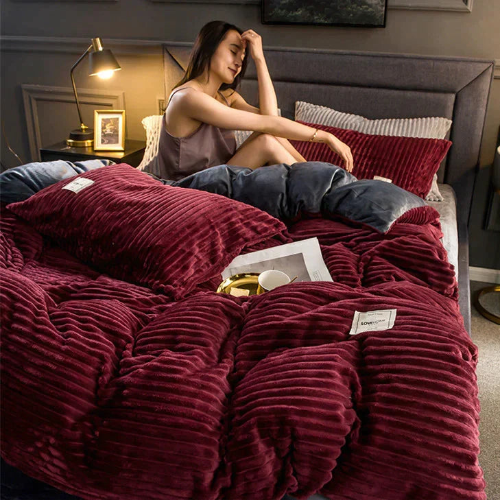 Velvet Fleece Duvet Cover Ribbed Plush Bedding with Optional Pillowcases Warm Soft Breathable Winter Quilt Cover Machine Washable