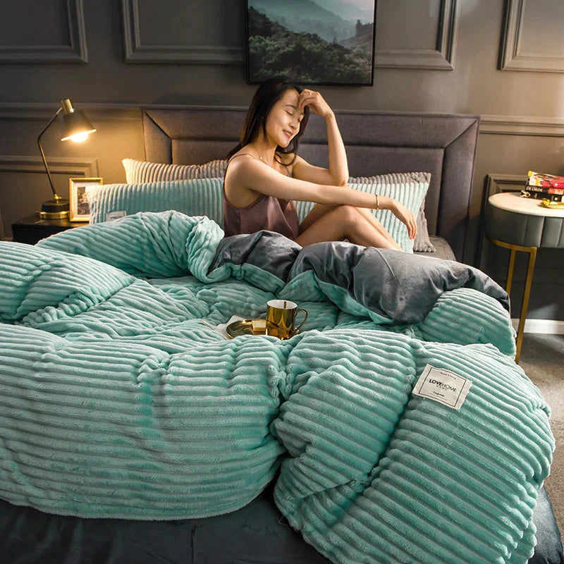 Velvet Fleece Duvet Cover Ribbed Plush Bedding with Optional Pillowcases Warm Soft Breathable Winter Quilt Cover Machine Washable
