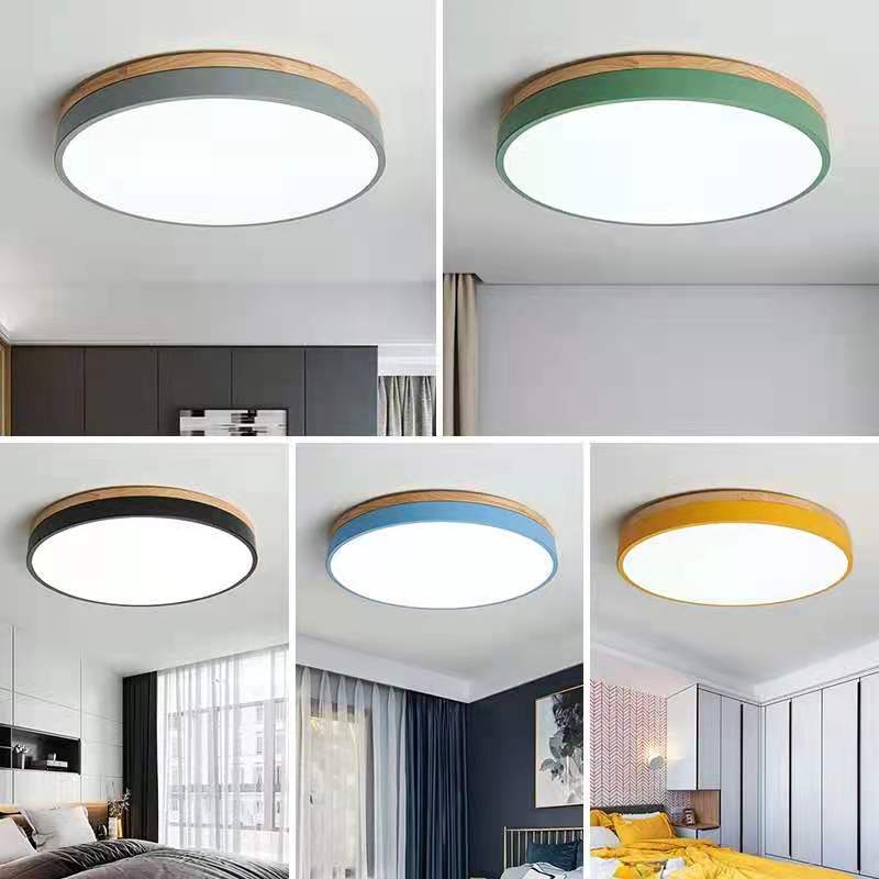 Round Flush LED Ceiling Light with Wood Trim for Living Room