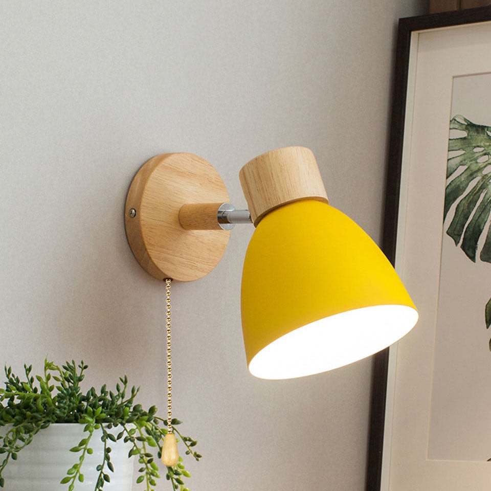 Modern Macaron Wall Light with Wooden Base and Adjustable Metal Shade