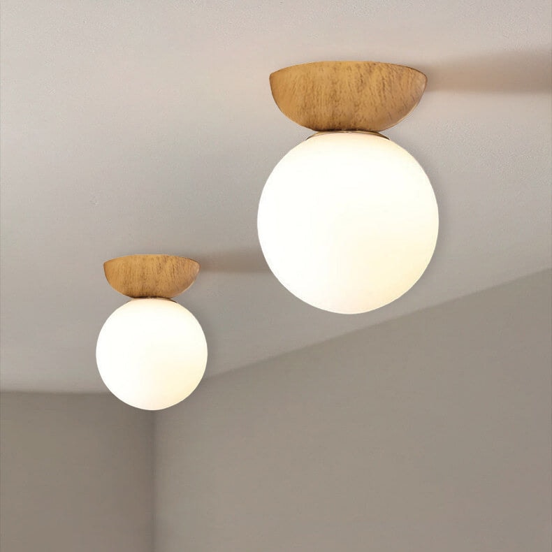 Modern Minimalist Opal Glass Globe Ceiling Light with Wood Grain Canopy