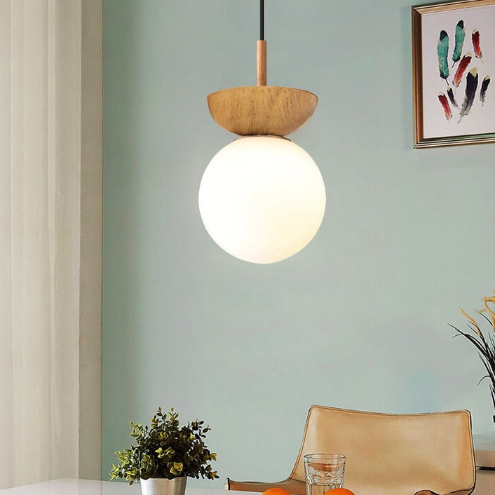 Modern Minimalist Opal Glass Globe Ceiling Light with Wood Grain Canopy