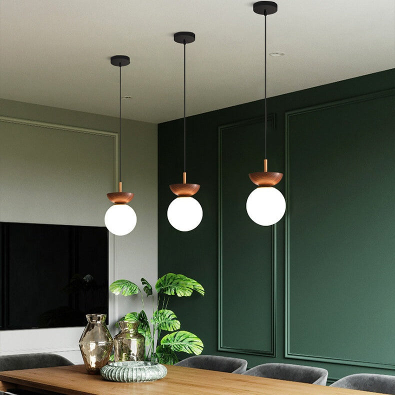 Modern Minimalist Opal Glass Globe Ceiling Light with Wood Grain Canopy