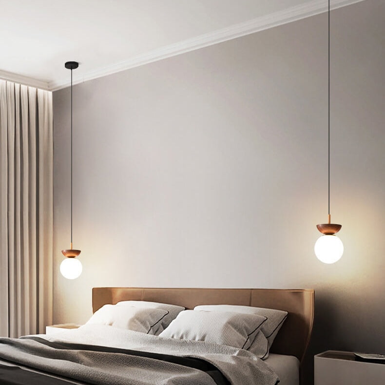 Modern Minimalist Opal Glass Globe Ceiling Light with Wood Grain Canopy